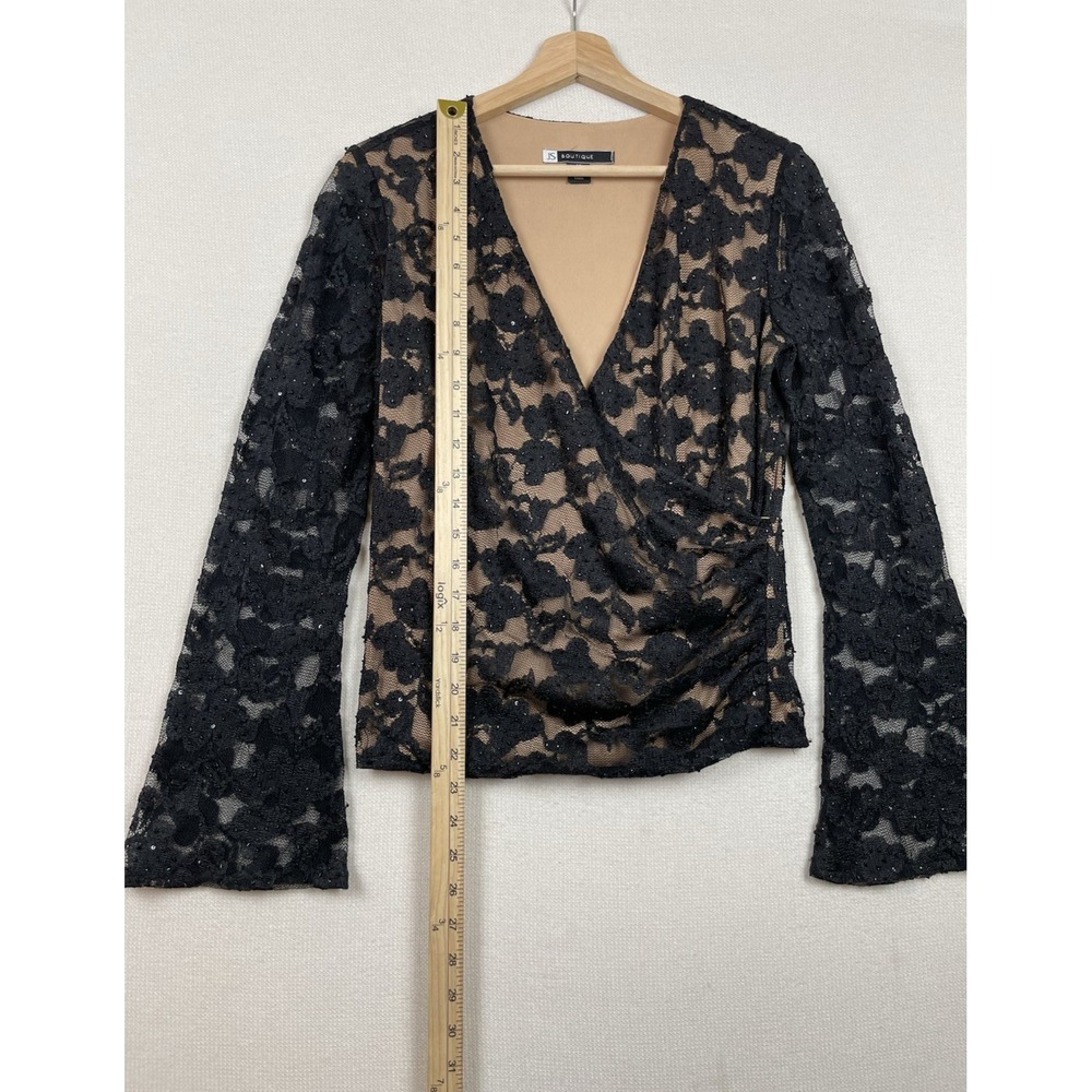 JS BOUTIQUE Lace Overlay Blouse M Sequins Faux-Wrap Mesh Top Evening Romantic - Picture 8 of 14